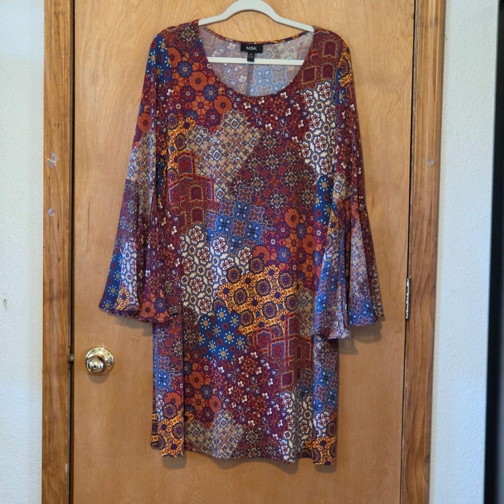 MSK Patchwork Paisley Boho Dress XL Red Multi Split Flounce Flare Sleeve XL